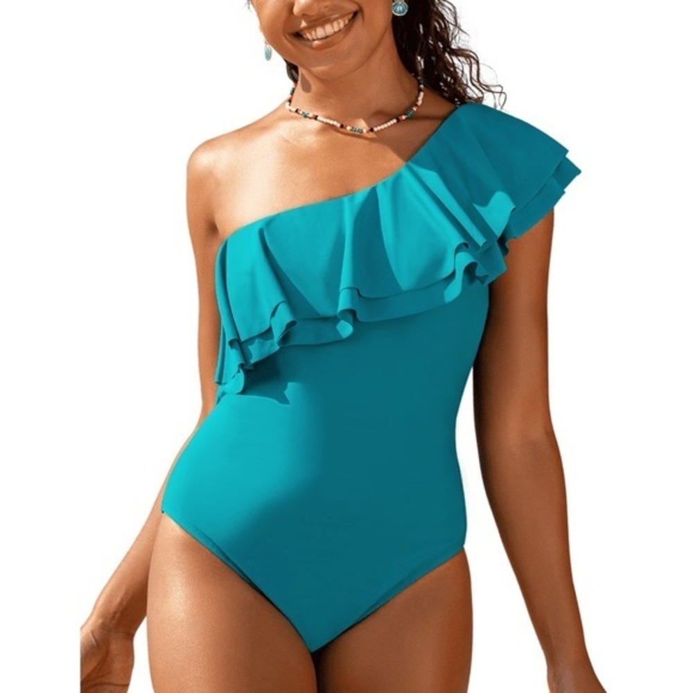Hilor Women One Piece Swimsuits Double Ruffles 1Shoulder Monokini Bathing Suits - Picture 2 of 10